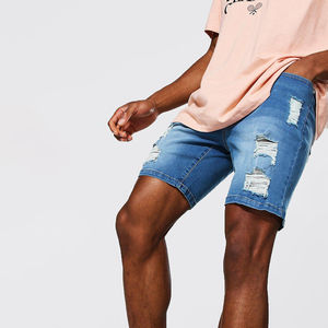 Pantalones Cortos de Mezclilla Azul Desgastado para Hombre, Cintura Media, Rotos, Casuales, Transpirables, Estilo Urbano, Bordados, de Algodón - Product Image 1