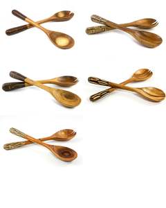 Cucharas y tenedores de madera de suar de 30 cm, hechos a mano, con incrustaciones, aptos para alimentos, vajilla natural de Indonesia - Product Image 4