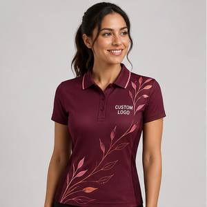 Polo pour femme personnalisé, rose bordeaux, à motif botanique, à séchage rapide, respirant, à manches courtes, uniforme de golf performant WPS-0881 - Product Image 1