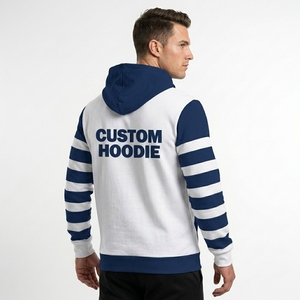Sudadera con Capucha Personalizada para Hombre, Blanca con Rayas Azul Marino en las Mangas, Tejido Casual de 370g, Diseño con Bolsillo y Estampado Frontal, Corte Regular, para Otoño - Product Image 3