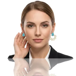 Pendientes de aro chapados en oro amarillo para mujer, joyería de moda con facetas de pera de 10x14mm, Calcedonia azul cielo, precio de fábrica, venta al por mayor - Product Image 1