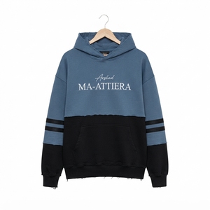 Sudadera con capucha personalizada para hombre, azul y negro, con lavado ácido, bloques de color, mangas a rayas, estilo vintage, streetwear, forro polar, top. - Product Image 3