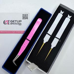 Pince à épiler professionnelle pour extensions de cils, qualité supérieure, volume russe, revêtement blanc et rose, pointe dorée, acier inoxydable droit. - Product Image 4