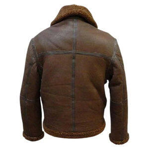 Chaqueta de aviador vintage para hombre, de piel de oveja marrón, con cuello de piel, cremallera y cinturón, 100% lana, color sólido - Product Image 2