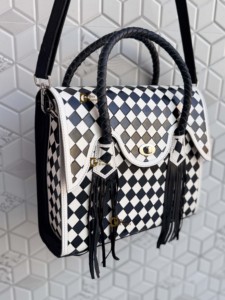New Designer Hand Tooled Leather Fringe Checkered Pattern Genuine Leather Handbag Big Size <b>Shoulder</b> <b>Strap</b> For Women Daily Use - Product Image 2