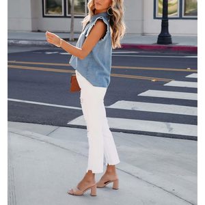 Femmes décontracté en détresse boutonné manches à volants chemisier été sans manches Denim haut avec col Jean chemise Design - Product Image 5