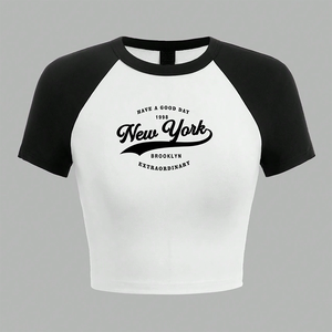 T-shirt court en tricot à manches raglan pour femme, blanc et noir, imprimé New York, col rond, décontracté, manches courtes - Product Image 1