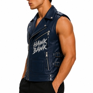 Veste en cuir décontractée pour hommes, style motard, sans manches, col large, fermeture éclair sur le devant, plusieurs poches, ajustable - Product Image 3