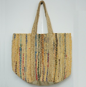 Sac fourre-tout en jute rayé bohème pour femme TYNTRA, avec perles croisées, bandoulière ouverte, taille personnalisable, pour usage quotidien, sac de plage d'été - Product Image 1
