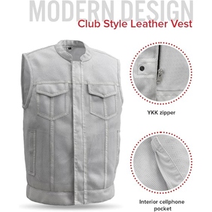 Custom <b>White</b> Perforated Genuine Cowhide Leather Motorcycle Club <b>Vest</b> With Concealed Carry Pockets OEM ODM Factory - Product Image 3