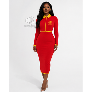 Vestido Midi Ajustado Rojo para Mujer NSPDK con Cuello Polo Dorado en Contraste, Cierre de Cremallera de un Cuarto, Manga Larga, Estilo Casual - Product Image 5