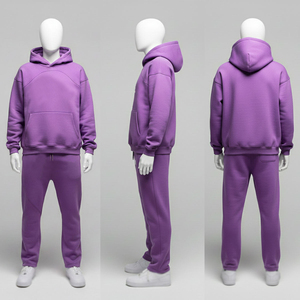 Unisex <b>Purple</b> Hooded Tracksuit Set Full Length Solid Color Casual Autumn Wear 100 Cotton Breathable Regular Fit - Product Image 1