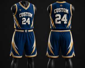 Ensemble de maillot et short de basket-ball personnalisé bleu marine, or et blanc, sublimé, respirant, pour équipe, tenue de sport professionnelle - Product Image 1