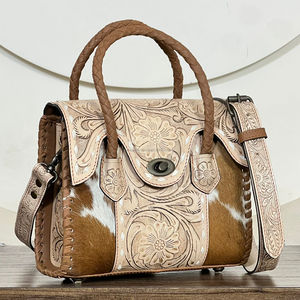 Sac à main mini-sacoche en cuir de vachette repoussé de qualité supérieure pour femme, motif floral sculpté, sac bandoulière en cuir de vachette à poils, sac fourre-tout - Product Image 4