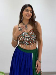 Navratri Special Traditional Indian Women's Crop <b>Top</b> Mirror Work Embroidery Blue Green <b>Lehenga</b> Set Diwali Party Occasion - Product Image 1
