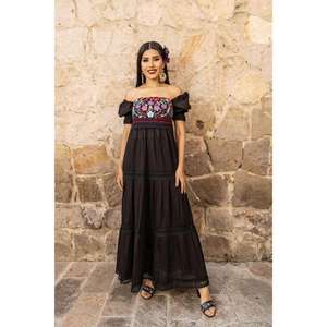 Women Black <b>Off</b> <b>Shoulder</b> Embroidered Maxi <b>Dress</b> Mexican Floral Cotton Boho Long <b>Dress</b> Handmade Ethnic Summer Wear - Product Image 2