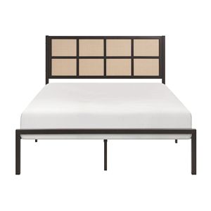 Lit plateforme Queen en métal avec finition bronze foncé et tête de lit en panneaux imitation cannage, mobilier de chambre décontracté style côtier, avec sommier intégré (1 pièce) - Product Image 2
