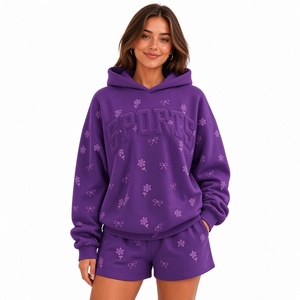 Ensemble sweat à capuche et short de sport jaune avec logo personnalisé en relief, motif floral et nœud, coupe ample, ensemble décontracté deux pièces - Product Image 5
