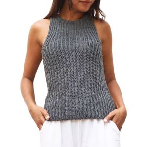 Suéter de punto rosa suave sin mangas para mujer, top tipo peplum con cuello simulado, jersey ajustado de punto acanalado a la moda - Product Image 4