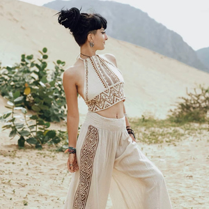 Cotton Fringe <b>Tie</b> Halter Top and Pants Two Piece Co Ord <b>Set</b> Boho Ibiza Style Summer Festival Outfit with Relaxed Beach Fit - Product Image 1