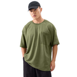 T-shirt Homme Vert Olive Surdimensionné à Poches, Col Rond en Mélange de Coton, Style Décontracté Streetwear, Marque Privée Personnalisée - Product Image 1