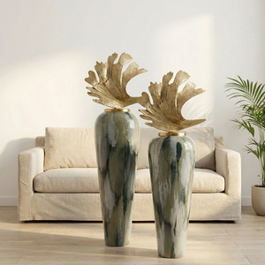 High Quality Marble Finish Tall Floor <b>Vase</b> <b>Set</b> with Gold Leaf Decorative Lid Modern Home Living Room Hotel Interior <b>Vases</b> - Product Image 1