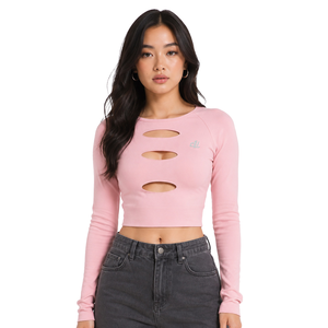 Blusa Corta de Manga Larga con Detalle Recortado Estilo Y2K para Mujer, Camisa de Punto Sólido Elástica, Ajuste Personalizado, Proveedor de Ropa de Boutique con Logotipo Personalizado - Product Image 1