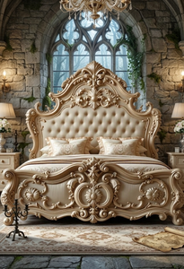 Cama King Size de Madera Tallada Estilo Europeo Antiguo con Cabecera Tapizada en Tela, Juego de Muebles para Dormitorio - Product Image 3