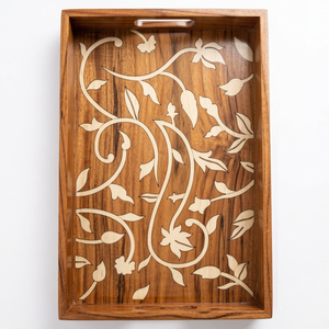 Bandeja de Servir Rectangular de Madera Papdi Hecha a Mano, Duradera, con Incrustaciones de Hueso y Arte Floral, Asas Integradas, No Tóxica - Product Image 1