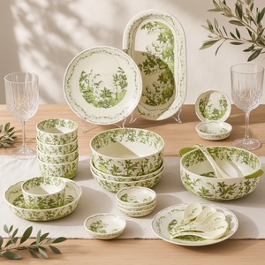 Nouvelle collection 2026 : Service de table en céramique motif muguet nordique, motif botanique vert, comprenant bols, assiettes et cuillères – OEM - Product Image 1