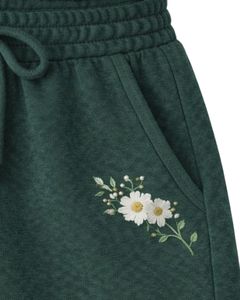 Ensemble décontracté deux pièces pour femme : débardeur court côtelé et short à cordon de serrage, broderie florale vert foncé, personnalisable OEM - Product Image 6