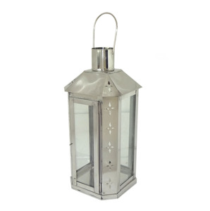 Lanterne à bougie hexagonale en fer finition argentée, petite, avec découpe étoilée perforée, cadre métallique, toit pyramidal, cylindrique - Product Image 2