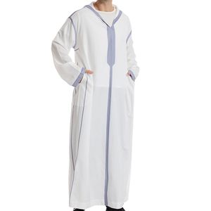 White Lavender Stitch Detail <b>Thobe</b> Fine Polyester Open Collar Contemporary Design Lightweight Refined Islamic Apparel <b>Men</b> Thobes - Product Image 3