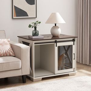 Mesa Auxiliar de Madera Estilo Rústico con Caseta para Perros, Tapa Abatible y Puerta Corredera para Cachorros y Razas Pequeñas - Product Image 6