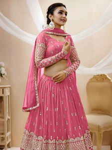 Pink <b>Sequin</b> Georgette Maxi A-Line Lehenga Choli with Dupatta Semi Stitched Quick Dry Bridesmaid Dress Wedding Party Outfit - Product Image 5