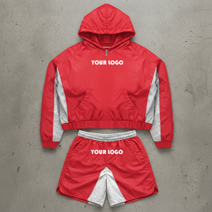 Men's Red Nylon Short Set Hooded <b>Zip</b> <b>up</b> <b>Jacket</b> Contrast Panel Graphic Print Track Shorts Custom Wholesale - Product Image 1
