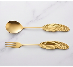 Ensemble de couverts à manche en plumes dorées, finition mate, métal, élégant, pour mariage, vaisselle, compatible lave-vaisselle - Product Image 5