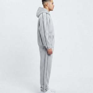 OEM Manufacturer Custom logo Fleece <b>Oversized</b> Zip Hoodie <b>Sweatpants</b> With Piping Wholesale High Quality Loose Fit Tracksuit Set - Product Image 6