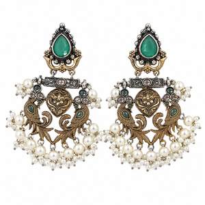 Pendientes de Plata Oxidada con Baño de Oro Antiguo de Dos Tonos, Estilo Jhumka con Diseño de Pavo Real y Flor, Joyería Bohemia para Mujer, Venta al Por Mayor, MOQ Disponible - Product Image 1