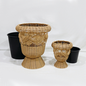 Minimalist Hand Carved <b>Plastic</b> Wicker Urn Planter Durable Waterproof Garden Flower Pot with Base - Product Image 3