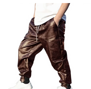 Men's Brown PU Coated Harem Pants <b>Elastic</b> <b>Waist</b> Drawstring Casual Joggers with Side Pockets Heavyweight Winter Wear Anti-Pilling - Product Image 1