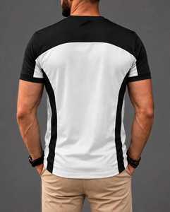 T-shirt décontracté pour homme en coton 100% respirant, à manches courtes, col rond, avec blocs de couleur noir et blanc, tricoté à l'avant - Product Image 5