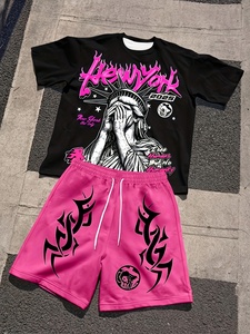 Ensemble T-shirt et short pour homme style streetwear, imprimé New York, tenue décontractée d'été, rose et noir, col rond, tissu tricoté respirant - Product Image 1