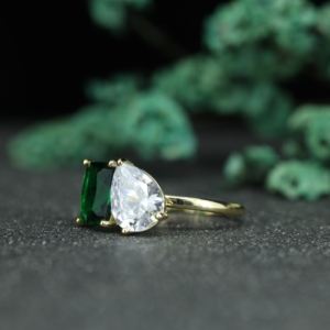 Luxury <b>Emerald</b> Cut Green Stone & Pear Cut Moissanite <b>Ring</b> 925 Sterling <b>Silver</b> Two Stone <b>Ring</b> Women Custom Jewelry Wholesale - Product Image 6