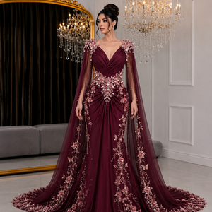 Robe moulante de luxe personnalisée avec broderie florale, col en V, sans manches, taille empire, ornée de pierres de cristal, coupe modeste - Product Image 1