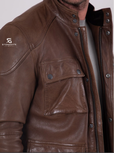 <b>Men's</b> Genuine <b>Leather</b> <b>Jacket</b> Classic Winter Slim Fit Casual Bomber Coat High Street Fashion Brown <b>Sheepskin</b> Zipper Front - Product Image 6