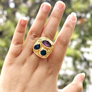 Bold fashion jewelry <b>ring</b> purple cat's eye labradorite green onyx texture metal brass <b>ring</b> 18k gold plated chunky <b>statement</b> <b>ring</b> - Product Image 5