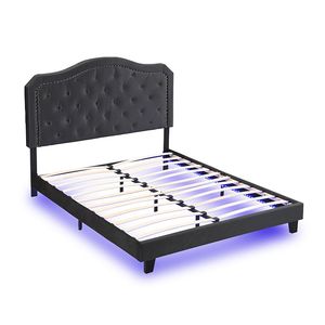 Letto imbottito Queen Size LED luce-Platform facile montaggio con pulsante a forma di curva con ciuffa forte supporto in legno di velluto nero - Product Image 5