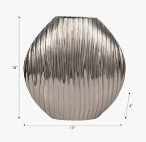 Modern Silver Metal <b>Vase</b> with Vertical Ribbed Texture Sculptural Pewter Finish Bud <b>Vase</b> with Wavy Fluted Design from India - Product Image 4