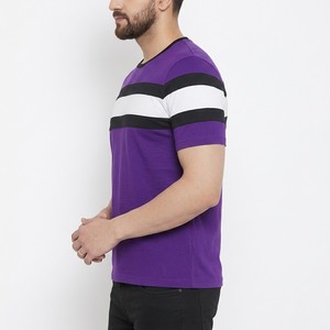 T-shirt décontracté pour homme en coton mélangé tricoté, à col rond, manches courtes, rayures color block violettes, coupe classique, pour tous les jours - Product Image 3